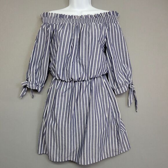 Jodi Kristopher Off The Shoulder Dress Womens M Blue Striped 3/4 Slit Sleeves - Picture 1 of 13